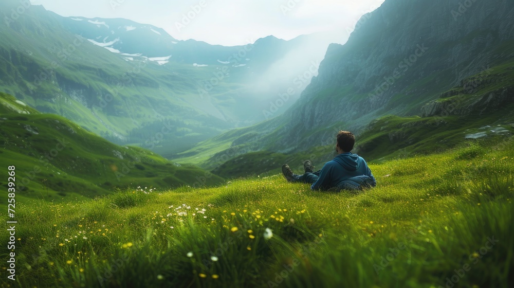 a hiker resting peacefully, lying on the lush green grass in the serene valley of a towering mountain, surrounded by breathtaking natural beauty.