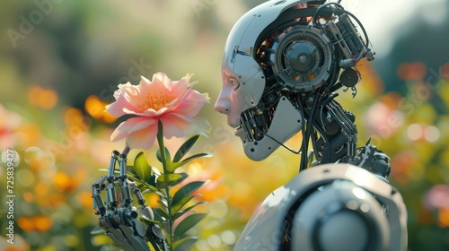 A picture of a cyborg robot and a flower in a garden, representing the idea of benevolent artificial intelligence.