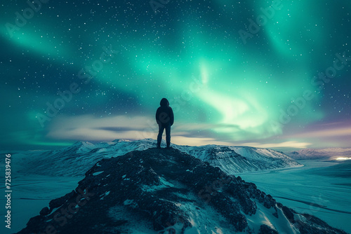  Man Silhouetted Atop a Mountain Amidst a Sky Alive with Green and Purple Aurora Borealis" © Abhiraj