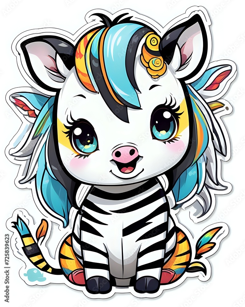 Illustration of a cute Zebra sticker with vibrant colors and a playful expression