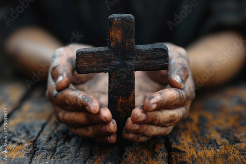 Dirty male hands holding a wooden cross on a black background