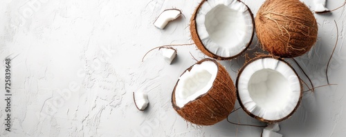 The concept of healthy food is creatively displayed in a flat lay photo of fresh coconuts on a white background.