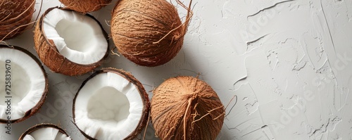 The concept of healthy food is creatively displayed in a flat lay photo of fresh coconuts on a white background.
