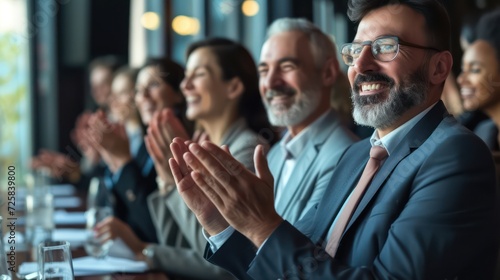 A picture of a gathering of individuals clapping in a professional or formal environment.