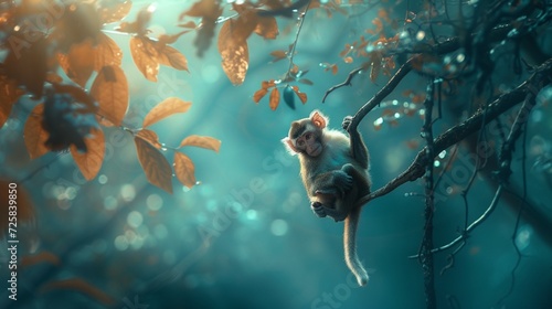 In a mystical forest, a playful monkey swings effortlessly from one tree to another, with the background elegantly blurred to emphasize the creature's nimble movements photo