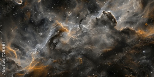 Cosmic dust lanes, with fine, swirling particles in blacks and grays, abstractly mapping the paths of interstellar clouds