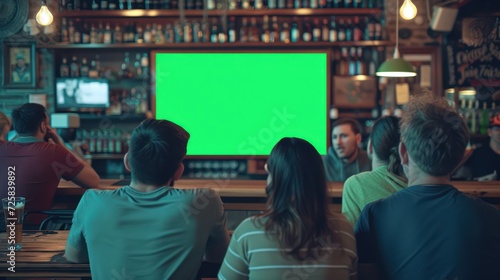 A group of individuals in a bar are gathered around a television screen that has a green chroma key background.
