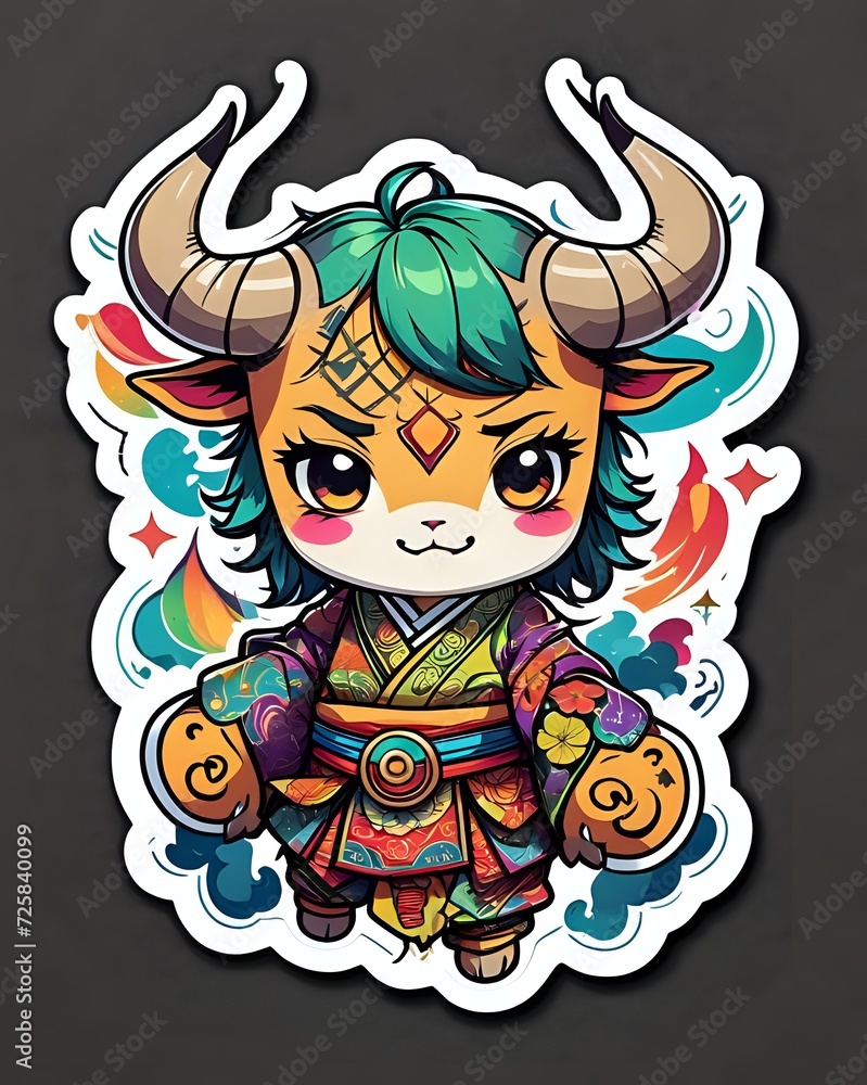 Illustration of a cute Bull sticker with vibrant colors and a playful expression