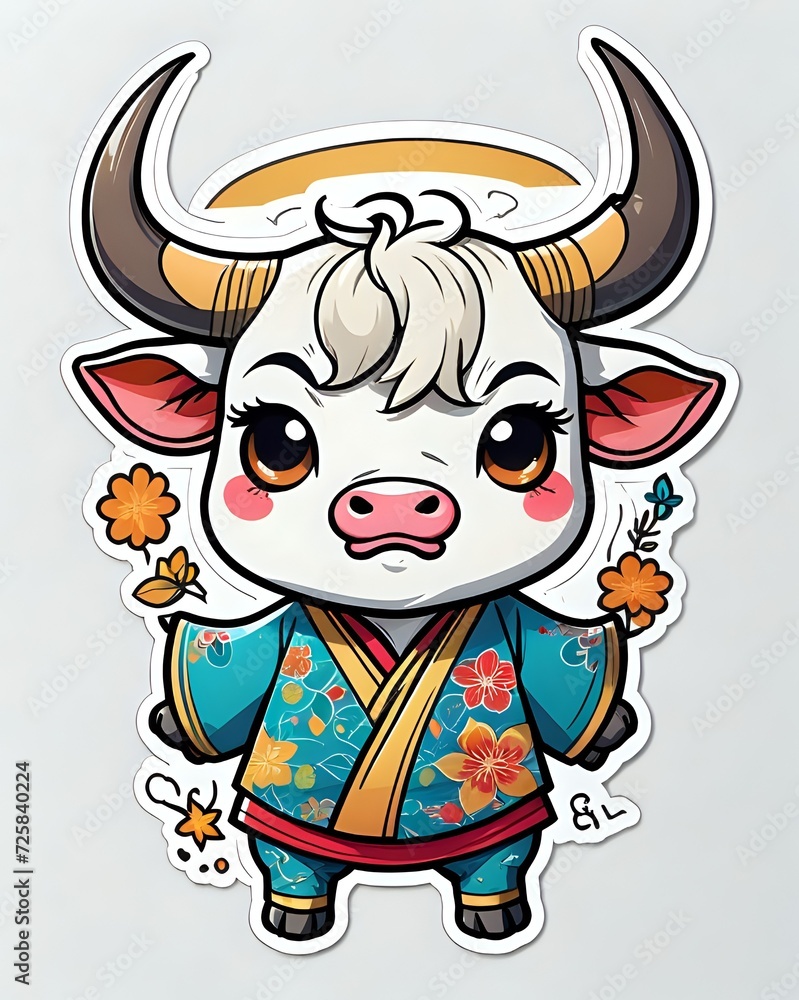 Illustration of a cute Bull sticker with vibrant colors and a playful expression