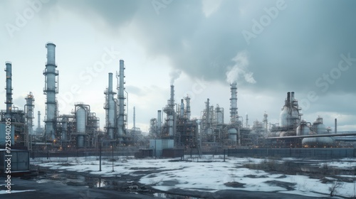 industrial petrochemical plant at night with a threatening sky, in the style of light teal and dark amber,
