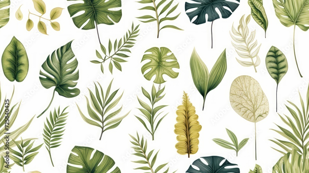 jungle plants seamless pattern isolated on white background. Generative Ai