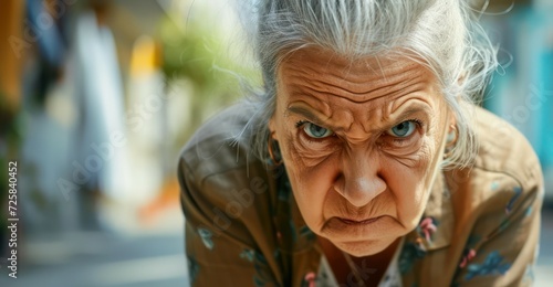 A senior woman with an angry and confrontational expression is staring directly at the camera. photo