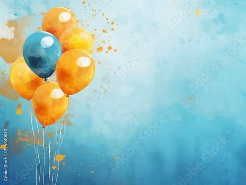 Blue and yellow splashed balloons on a blue background with blank text space