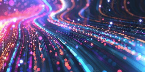 Holographic data streams, with flowing lines of light representing digital information in a spectrum of holographic colors photo