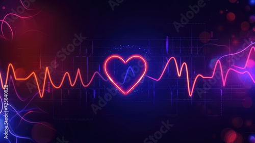 A neon heart symbol connected to a heartbeat line on a dark abstract background with pink and blue hues.
