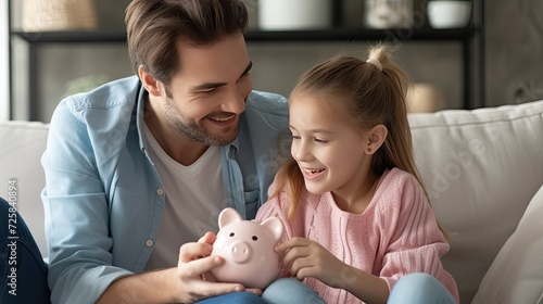 a father guiding his daughter to invest, as they sit together on the couch, the girl happily placing a coin into her piggy bank.