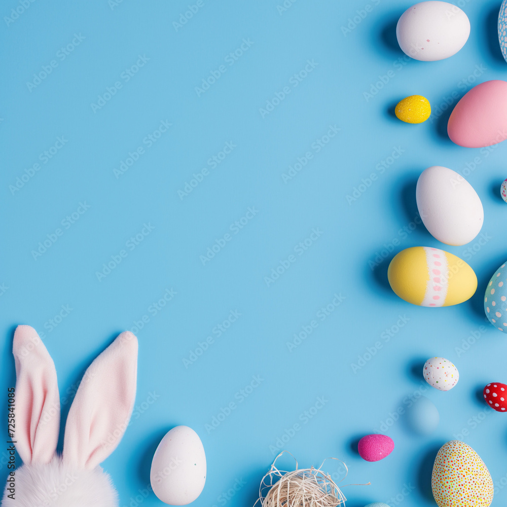 Easter party concept. Top view photo of easter bunny ears white pink blue and yellow eggs on i blue background
Easter party concept. Top view photo of easter bunny ears white pink blue and yellow eggs on i blue background
