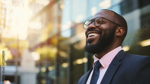 Portrait of a smiling black businessman looking into the distance. Success and achieving goals concept. Inclusive workplace. Copy space. AI generated