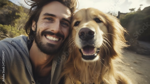 A close-up selfie of a joyful couple with a golden retriever dog in the photo.
