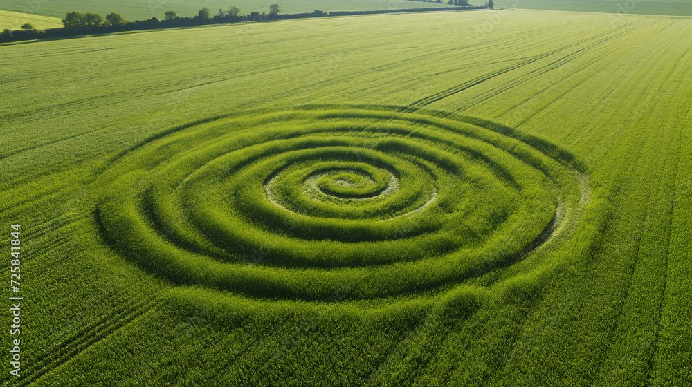 Aerial View of Crop Circles in Green Wheat Field, Mysterious Geometric Patterns, Agricultural Beauty and Natural Artistry from Above Aerial View of Crop Circles in Green Wheat Field, Mysterious Geometric Patterns, Agricultural Beauty and Natural Artistry from Above