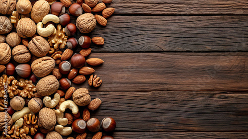 Nuts on dark wood background, baner, copy space, top view. Generated AI