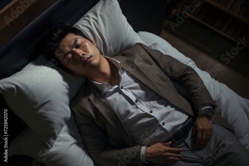 Photo of a worker wearing a suit sleeping due to exhaustion