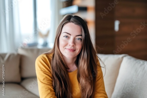 Free Download young caucasian woman sitting on couch in living room, looking at camera, posing for portrait - GFXLoad