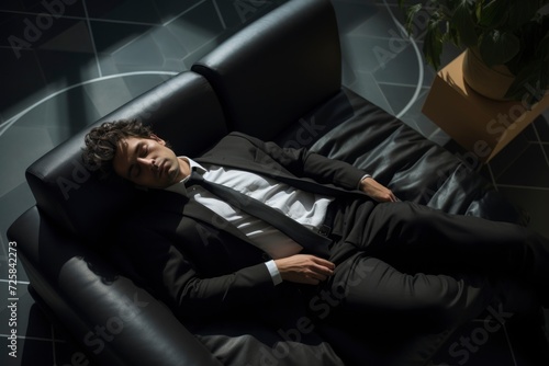 Photo of a worker wearing a suit sleeping due to exhaustion