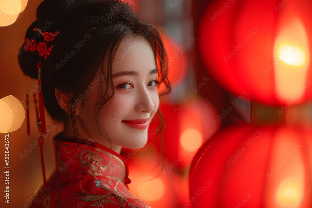 Festive Glow.
Smiling young woman in red cheongsam, celebrating with lanterns. Festive Glow.
Smiling young woman in red cheongsam, celebrating with lanterns.