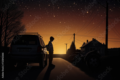 Un enfant sort de voiture et regarde le bord de la route dans une rue déserte de nuit, enfance solitaire, autisme et enfant maltraité photo