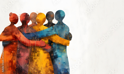 Illustration of a group of people standing together, arms around each other, hugging and holding hands. This emotionally complex scene symbolizes the concept of togetherness and tolerance.