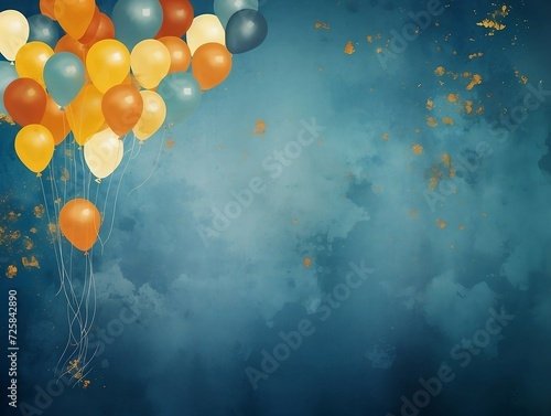 Blue and yellow splashed balloons on a blue background with blank text space