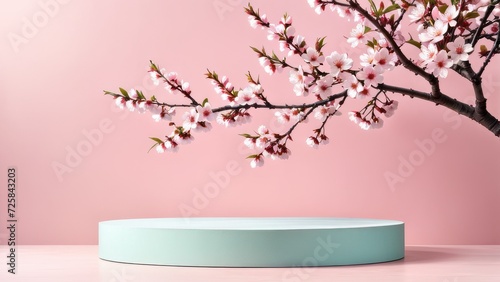 Round podium platform stand for product presentation and spring flowering tree branch with pink cherry blossom flowers on pastel background. Front view.  generative, ai.