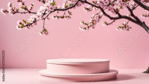 Round podium platform stand for product presentation and spring flowering tree branch with pink cherry blossom flowers on pastel background. Front view.  generative, ai.
