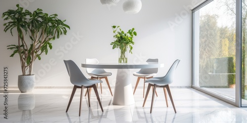 Simplistic dining area with marble table and white base. © Vusal