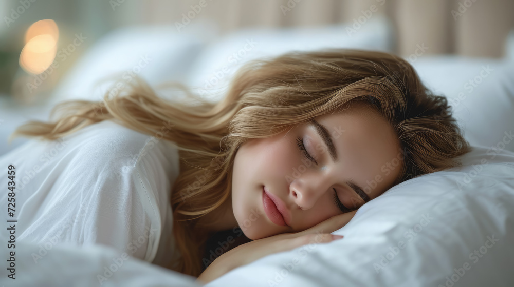 beautiful young girl sleeping in bed, pillow, blanket, lifestyle, dreams, woman, portrait, closed eyes, daily routine, health, sheet, bed linen, top view, sleep