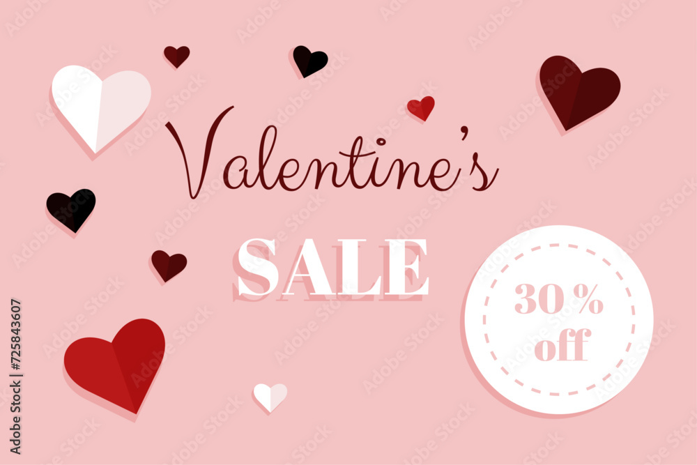 Sale 30 off. Banner with special sale in Valentine's day - rose, red, black and white paper hearts  -vector illustration
