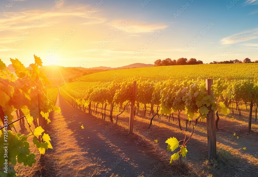 Fototapeta premium Vineyards at sunset in autumn harvest ripe grape