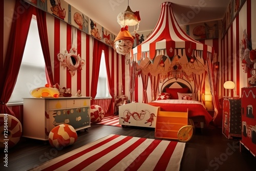 circus style interior and decorations at kids room in modern home or apartment