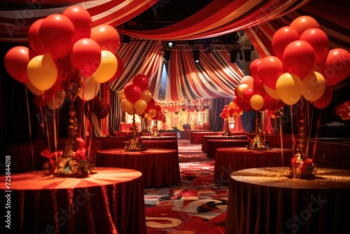 circus style red color decorations with balloons and catering. Event management industry. Birthday, new year, Valentines day party celebration. 