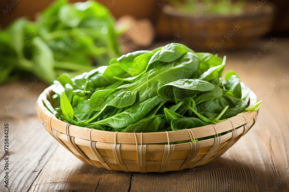 fresh green spinach in eco bamboo bowl closeup fresh green spinach in eco bamboo bowl closeup