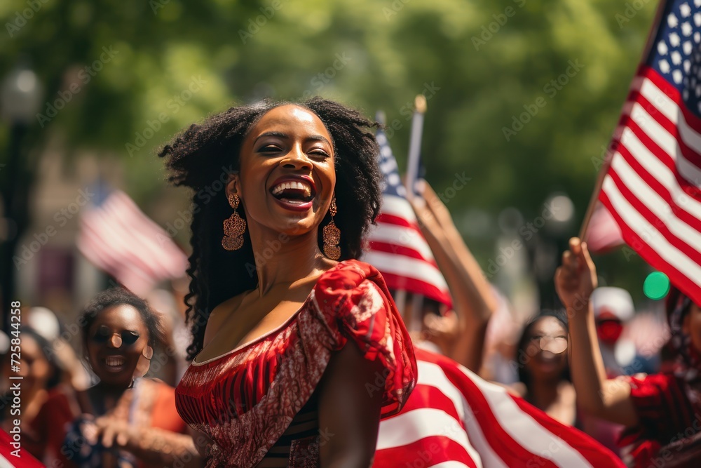 Beautiful black woman portrait with American flag for Juneteenth National Independence Day. End of slavery in United States.