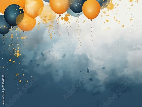 Blue and yellow splashed balloons on a blue background with blank text space