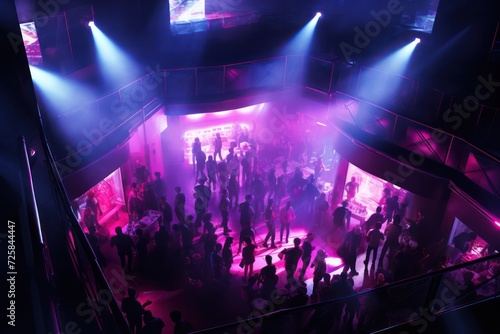 people dancing at nightclub with pink purple neon light aerial view. Night life, party and clubbing. © Dina