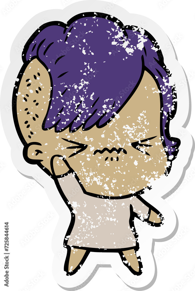 distressed sticker of a cartoon annoyed hipster girl distressed sticker of a cartoon annoyed hipster girl