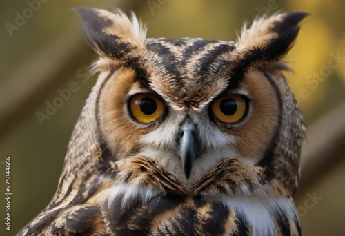 An Eurasian Eagle Owl staring at something out of shot in a woodland setting. © Алексей Ковалев