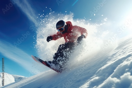 A man riding a snowboard down a snow covered slope. Ideal for winter sports and adventure themes