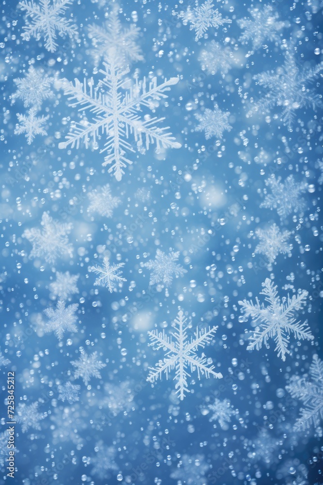 Snow flakes falling on a serene blue background. Perfect for winter-themed designs and holiday greetings