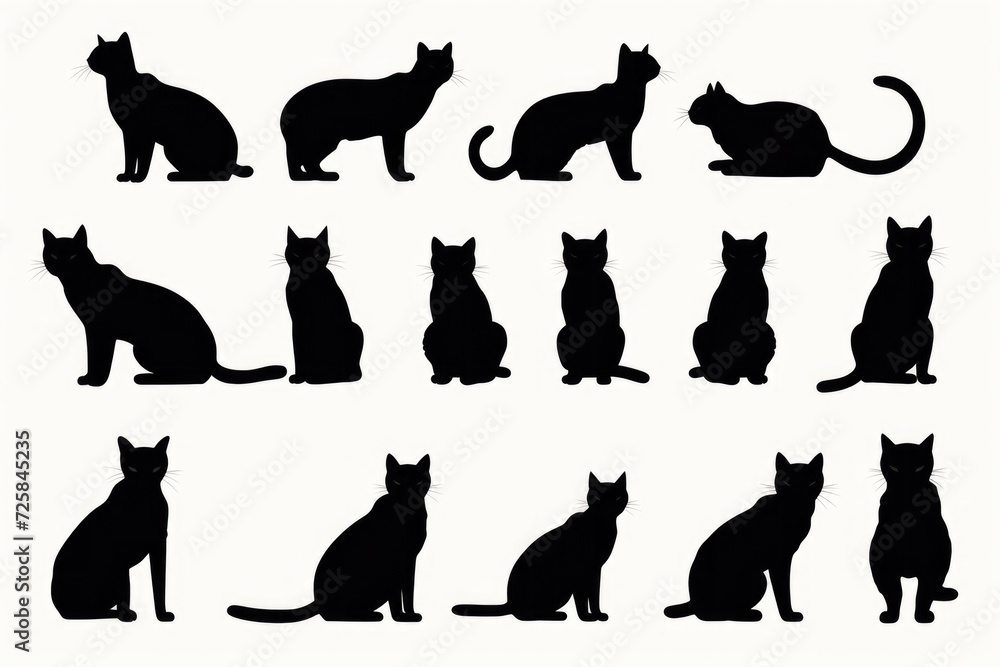 A set of silhouettes featuring cats in a sitting position. Perfect for various design projects