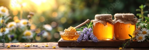 Golden Harvest: Fresh Honey Amidst Blooming Flowers photo